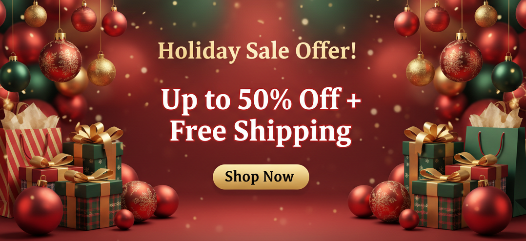 Holiday sale banner with Christmas ornaments and gift boxes on a red background